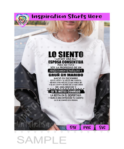 Lo Siento Soy Una Esposa Consentida - Diciembre - Spanish - Transparent PNG, SVG  - Silhouette, Cricut, Scan N Cut