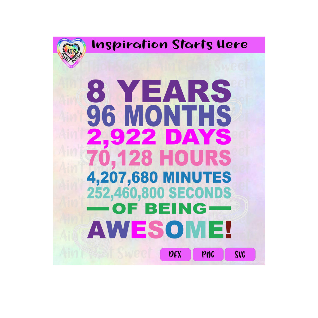 8 Years, Months, Days, Hours, Minutes, Seconds Of Being Awesome! - Transparent PNG, SVG, DXF - Silhouette, Cricut, Scan N Cut