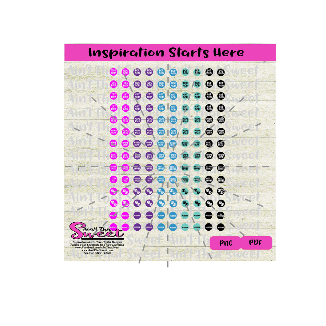 12mm Sayings for Cabochon Earrings | Dog Mom | Cat Mom | Mama Bear | Baby Bear | Little Trout | Paw Prints | Mudder - Transparent PNG, PDF