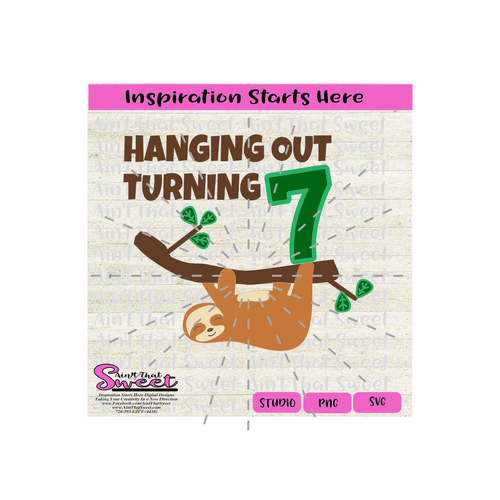 Hanging Out Turning 7 with Sloth - Transparent PNG, SVG  - Silhouette, Cricut, Scan N Cut