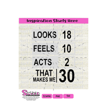 Looks 18 Feels 10 Acts 2 That Makes Me 30  - Transparent PNG, SVG - Silhouette, Cricut, Scan N Cut