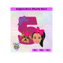 Girl and Her Dog | Dark Hair | Bow | Tanned Skin | 5th Birthday - Transparent PNG, SVG, DXF - Silhouette, Cricut, Scan N Cut