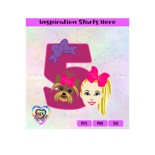 Girl and Her Dog with 5 and Bow | 5th Birthday - Transparent PNG, SVG, DXF - Silhouette, Cricut, Scan N Cut