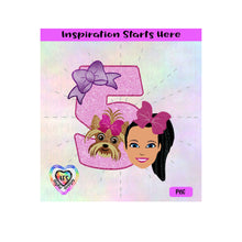 Girl and Her Dog | Dark Hair | Bow | Tanned Skin | 5th Birthday - Transparent PNG, SVG, DXF - Silhouette, Cricut, Scan N Cut