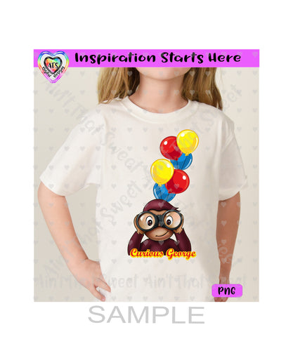 Curious George with Binoculars | Balloons (vertical) - Transparent PNG File Only - Silhouette, Cricut, ScanNCut