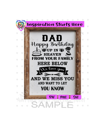 Dad Happy Birthday Up In Heaven From Your Family Here Below - Transparent PNG SVG DXF - Silhouette, Cricut, ScanNCut
