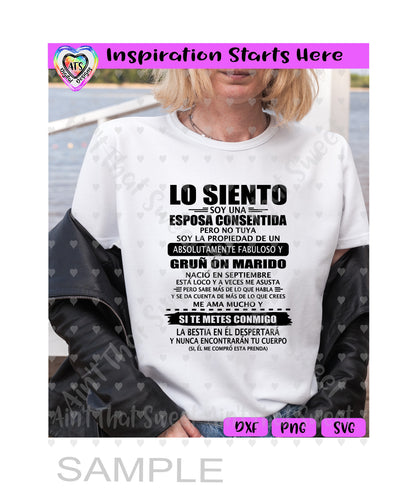 Lo Siento Soy Una Esposa Consentida - Septiembre - Spanish - Transparent PNG, SVG  - Silhouette, Cricut, Scan N Cut