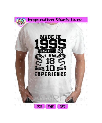 Made in 1995 | I am not 28 I am 18 With 10 Years Experience | Banners | Serpents | Scrolls  (Based on 2023) - Transparent PNG, SVG, DXF  - Silhouette, Cricut, Scan N Cut