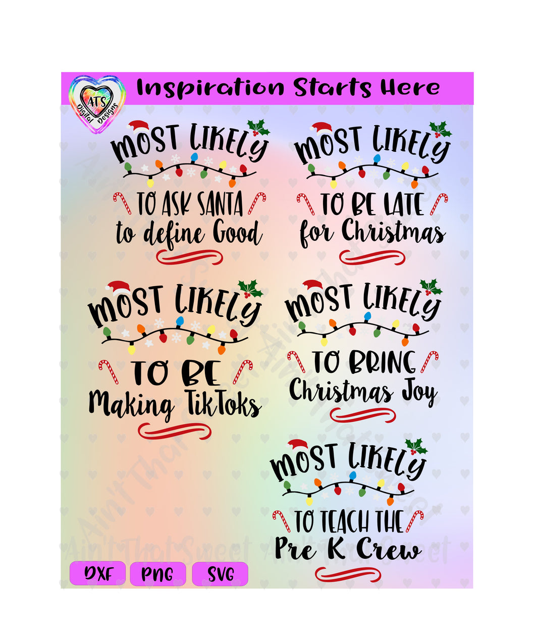 Most Likely Set: Ask Santa to Define Good; Be Late For Christmas; Making TikToks; Bring Christmas Joy; Teach PreK Crew - Transparent PNG SVG DXF - Silhouette, Cricut, ScanNCut
