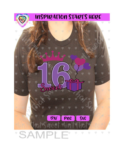 Sweet 16 | Crown | Present | Heart Balloons - Transparent PNG SVG DXF - Silhouette, Cricut, ScanNCut