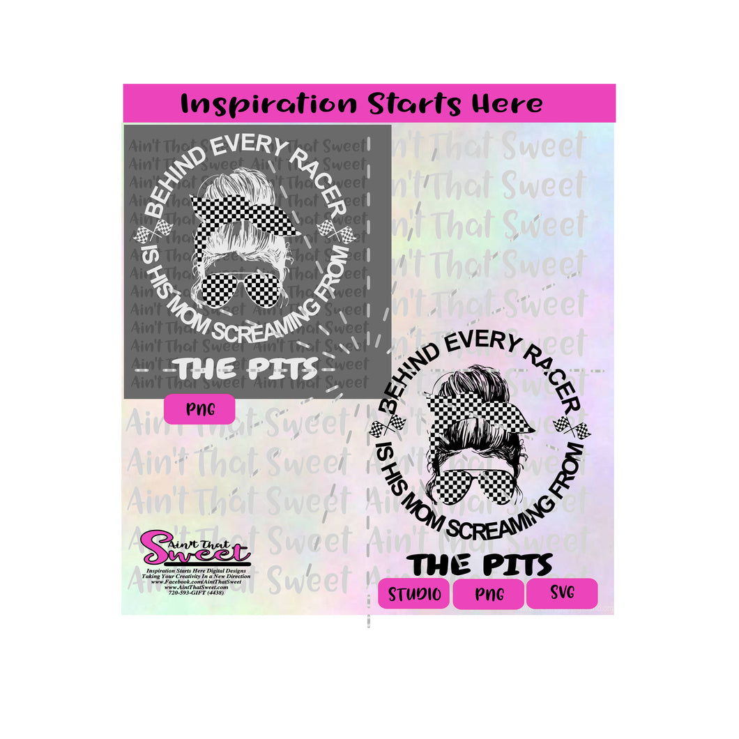 Behind Every Racer Is His Mom Screaming From The Pits | Messy Bun | Bandana | Sunglasses | Racing Flags - Transparent PNG, SVG  - Silhouette, Cricut, Scan N Cut