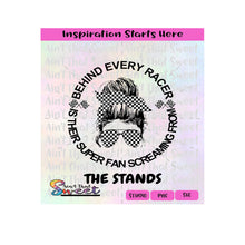 Behind Every Racer Is Their Super Fan Screaming From The Stands | Messy Bun | Bandana | Sunglasses | Racing Flags - Transparent PNG, SVG  - Silhouette, Cricut, Scan N Cut