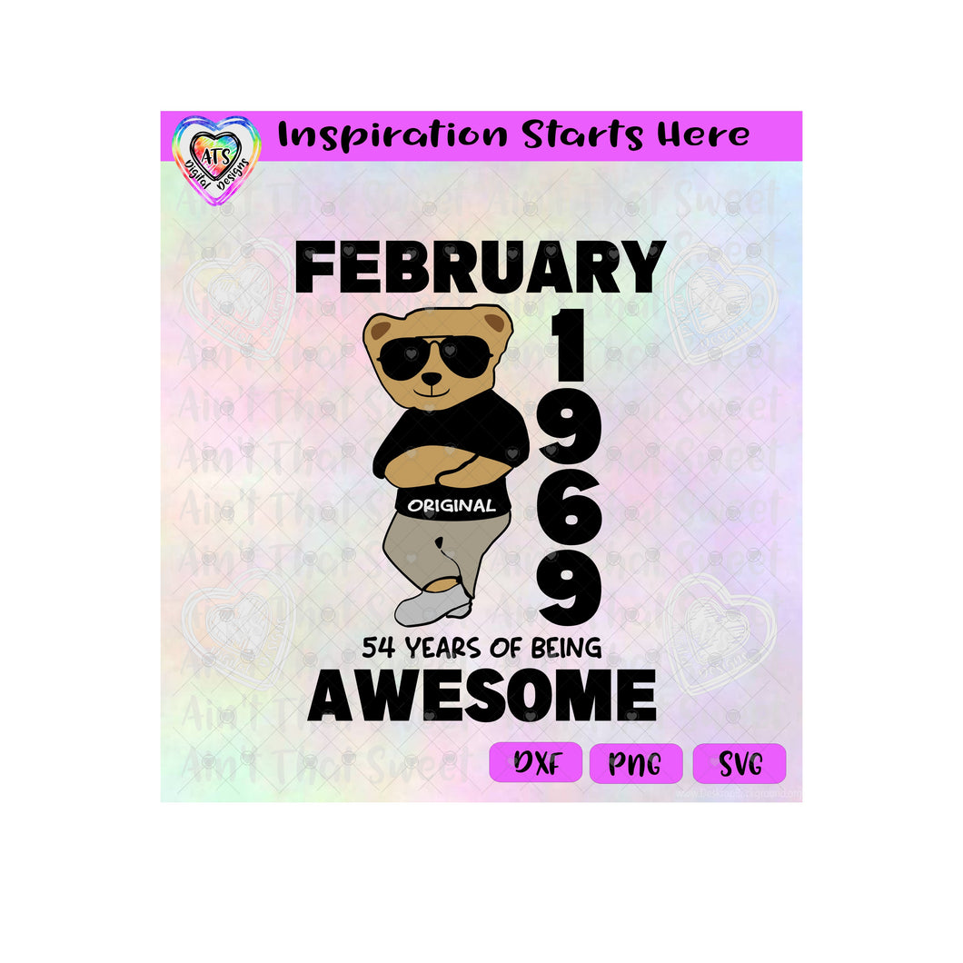 February 1969 | 54 Years Of Awesome | Cool Bear | Arms Crossed (based on 2023) - Transparent PNG SVG DXF - Silhouette, Cricut, ScanNCut