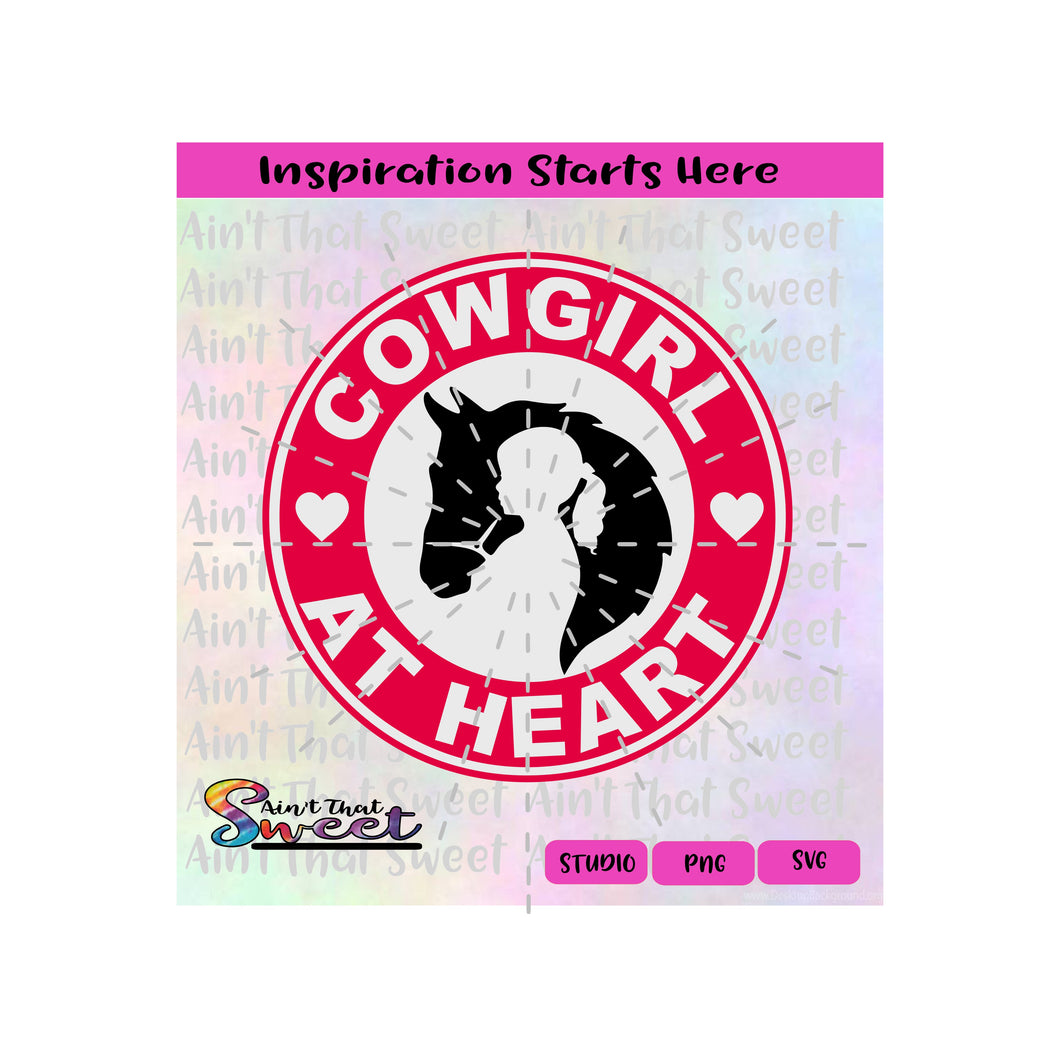 Cowgirl At Heart | Girl in Silhouette of Horse | Hearts - Transparent PNG, SVG - Silhouette, Cricut, Scan N Cut