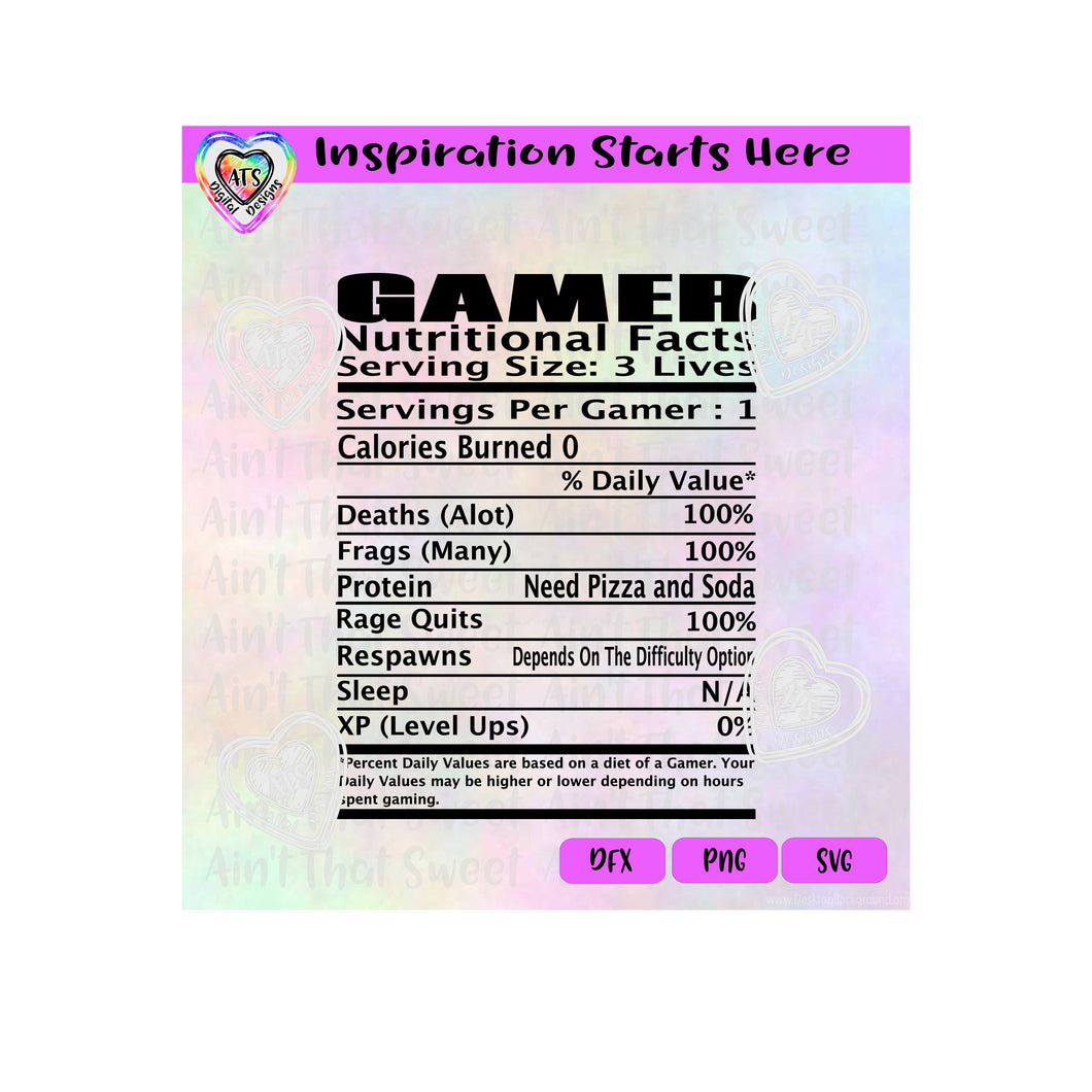 Gamer Nutritional Facts - Transparent PNG, SVG, DXF  - Silhouette, Cricut, Scan N Cut