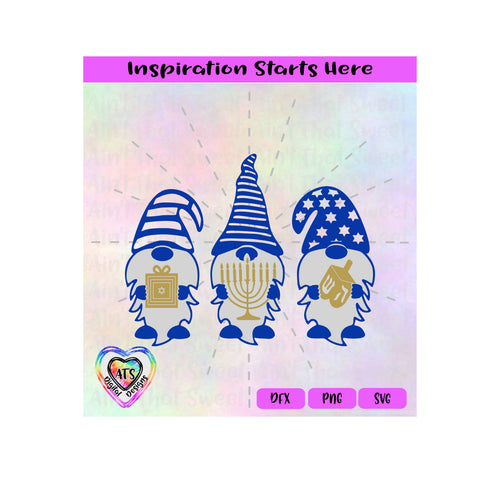 Gnomes Holding Menorah Dreidel Present | Jewish Stars | Chanukah-Hanukkah | Transparent PNG SVG DXF - Silhouette, Cricut, Scan N Cut