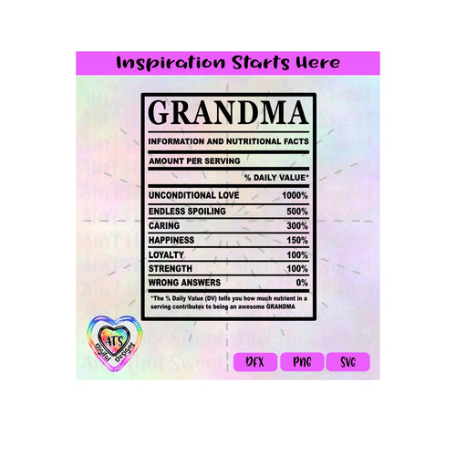 Nutritional Facts | Grandma Nutritional Facts - Transparent PNG SVG DXF - Silhouette, Cricut, ScanNCut