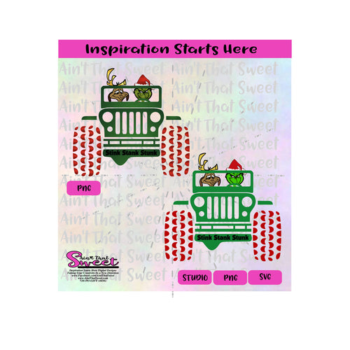 Mean Green Guy and Dog with Antlers in Off Road Vehicle - Transparent PNG, SVG  - Silhouette, Cricut, Scan N Cut