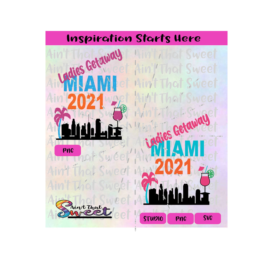 Ladies Getaway | Miami | Skyline | 2021 | Fruity Drink | Palm Tree (lime)  VS2- Transparent PNG, SVG  - Silhouette, Cricut, Scan N Cut