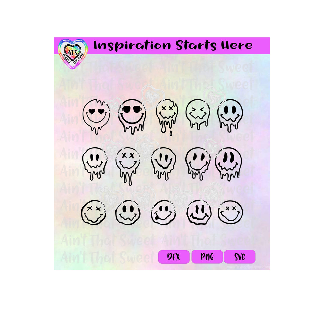 Melting Smiley Faces | Dripping Faces | Emoji Faces | Assorted Eyes - Transparent PNG SVG DXF - Silhouette, Cricut, ScanNCut