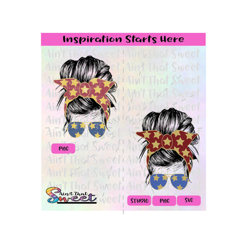 Messy Bun Lady | Sunglasses | Bandana | Stars | Red | Blue - Transparent PNG, SVG  - Silhouette, Cricut, Scan N Cut
