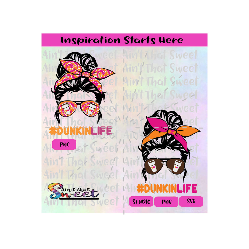Messy Bun | DunkinLife | Bandana | Sunglasses | Coffee Cups | Pink | Orange - Transparent PNG, SVG  - Silhouette, Cricut, Scan N Cut