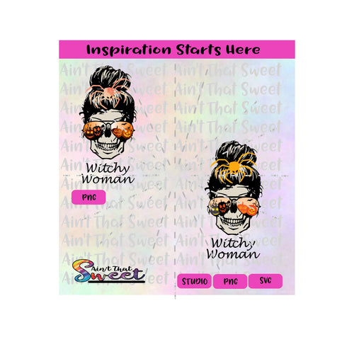 Messy Bun Witchy Woman Sunglasses Pumpkins Reflection - Transparent PNG, SVG  - Silhouette, Cricut, Scan N Cut