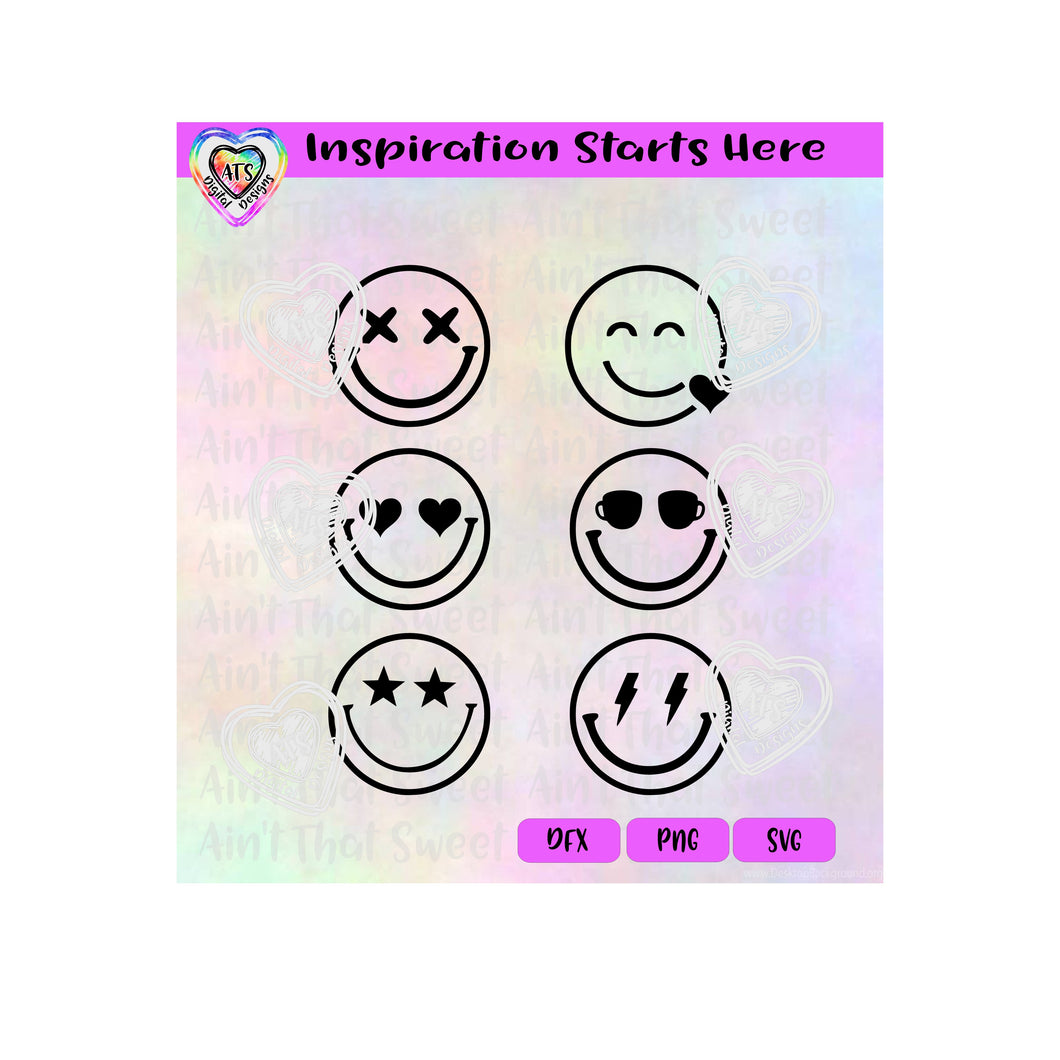 Smiley Faces | Emoji Faces | Assorted Eyes - Transparent PNG SVG DXF - Silhouette, Cricut, ScanNCut