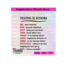 Texting For Seniors | bff | btw | byot | fwiw | imhao | lmdo | ommr | rotflacgu | ttyl - Transparent PNG, SVG - Silhouette,Cricut,Scan N Cut