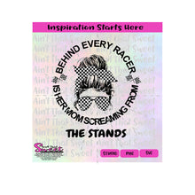 Behind Every Racer Is Her Mom Screaming From The Stands | Messy Bun | Bandana | Sunglasses | Racing Flags - Transparent PNG, SVG  - Silhouette, Cricut, Scan N Cut