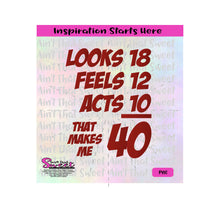 Looks 18 Feels12 Acts 10 Means I'm 40 - Transparent PNG, SVG - Silhouette, Cricut, Scan N Cut