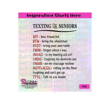 Texting For Seniors | bff | btw | byot | fwiw | imhao | lmdo | ommr | rotflacgu | ttyl - Transparent PNG, SVG - Silhouette,Cricut,Scan N Cut