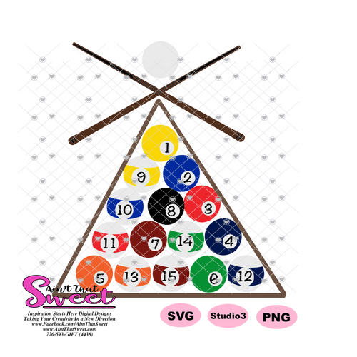 Pool Balls, Crossed Cue Sticks, Triangle (Grouped and Separated) Billiards- Transparent PNG, SVG  - Silhouette, Cricut, Scan N Cut