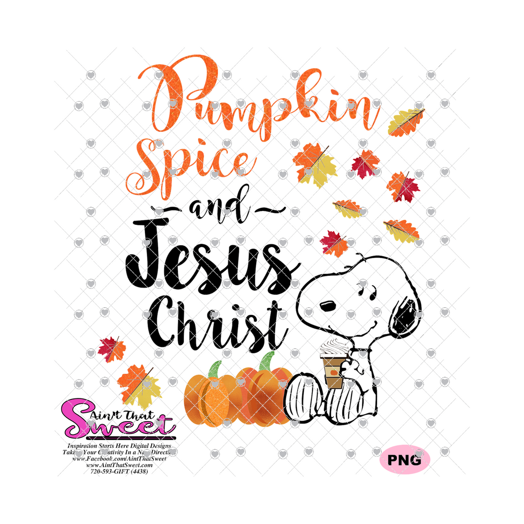 Pumpkin Spice Jesus Christ Dog Drinking Coffee Fall Leaves - Transparent PNG, SVG  - Silhouette, Cricut, Scan N Cut