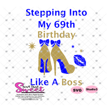 Stepping Into My 69th Birthday High Heel Shoes Gold and Blue -  Transparent PNG, SVG - Silhouette, Cricut, Scan N Cut