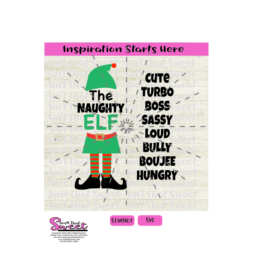 The Elf Set with Elf Names: Cute, Turbo, Boss, Sassy, Loud, Bully, Boujee, Hungry, Naughty - Silhouette, Cricut, Scan N Cut