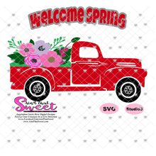 Welcome Spring - Red Truck - Flowers - Transparent PNG, SVG - Silhouette, Cricut, Scan N Cut