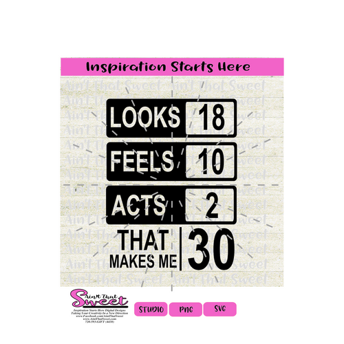 Looks 18 Feels 10 Acts 2 That Makes Me 30  - Transparent PNG, SVG - Silhouette, Cricut, Scan N Cut