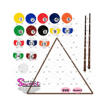 Pool Balls, Crossed Cue Sticks, Triangle (Grouped and Separated) Billiards- Transparent PNG, SVG  - Silhouette, Cricut, Scan N Cut
