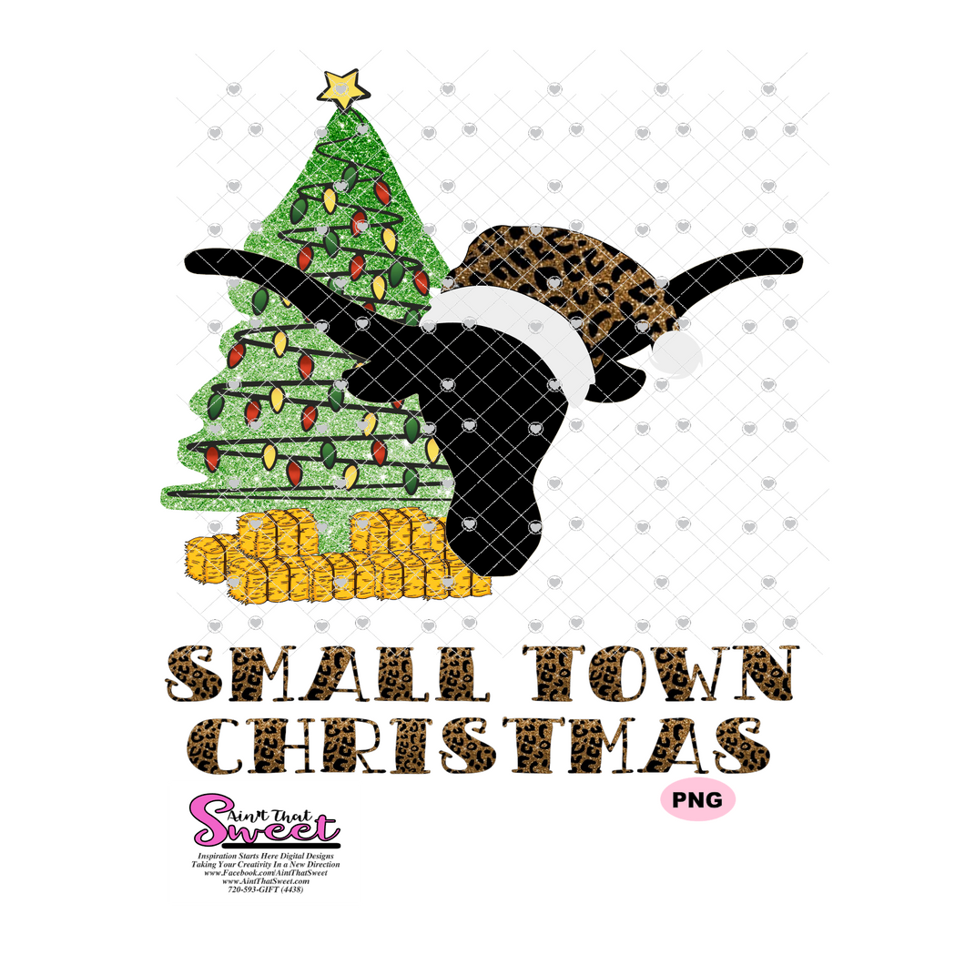 Longhorn with Santa Hat, Christmas Tree, Hay Bales Small Town Christmas - Transparent PNG, SVG  - Silhouette, Cricut, Scan N Cut