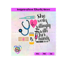 She Works Willingly With Her Hands | Stethoscope, Thermometer, Proverbs 31:13 - Transparent PNG, SVG , DXF - Silhouette, Cricut, Scan N Cut