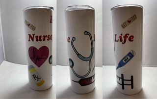 Nurse Life Tumbler | Heart with Heartbeat | Stethoscope | Thermometer | Bandaid | RX Bottle | Shot - 20oz Decorated Skinny Tumbler